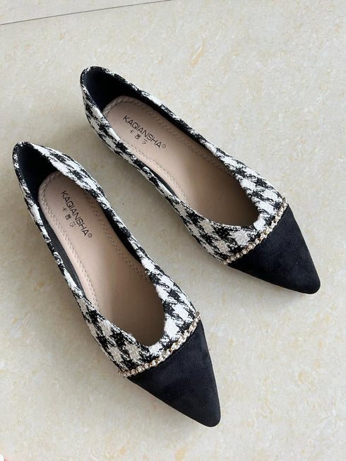 Pointy Toe Houndstooth Plaid Print Casual Pump Ladies Shoes